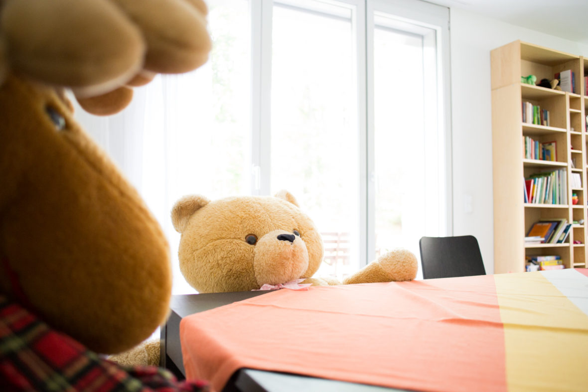 Porträt von Plüschteddy und Plüschelch am Tisch.