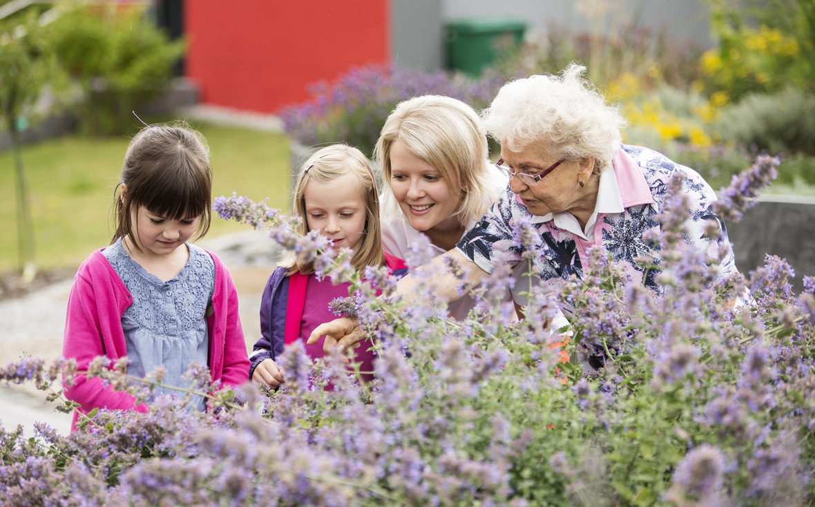 Drei Generationen betrachten Blumen