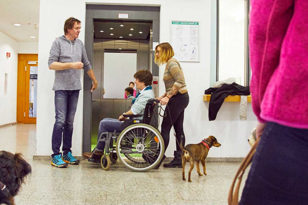 Silvana und ihr Mischlingshund üben die Situation, mit einer Frau im Rollstuhl in den Aufzug zu steigen.