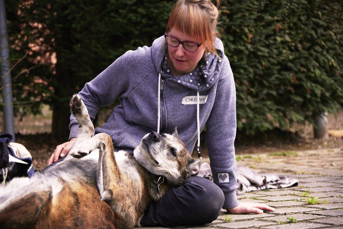 Eine Teilnehmerin des Qualifikationskurses schmust mit ihrem Hund, der sich auf den Rücken gerollt hat.