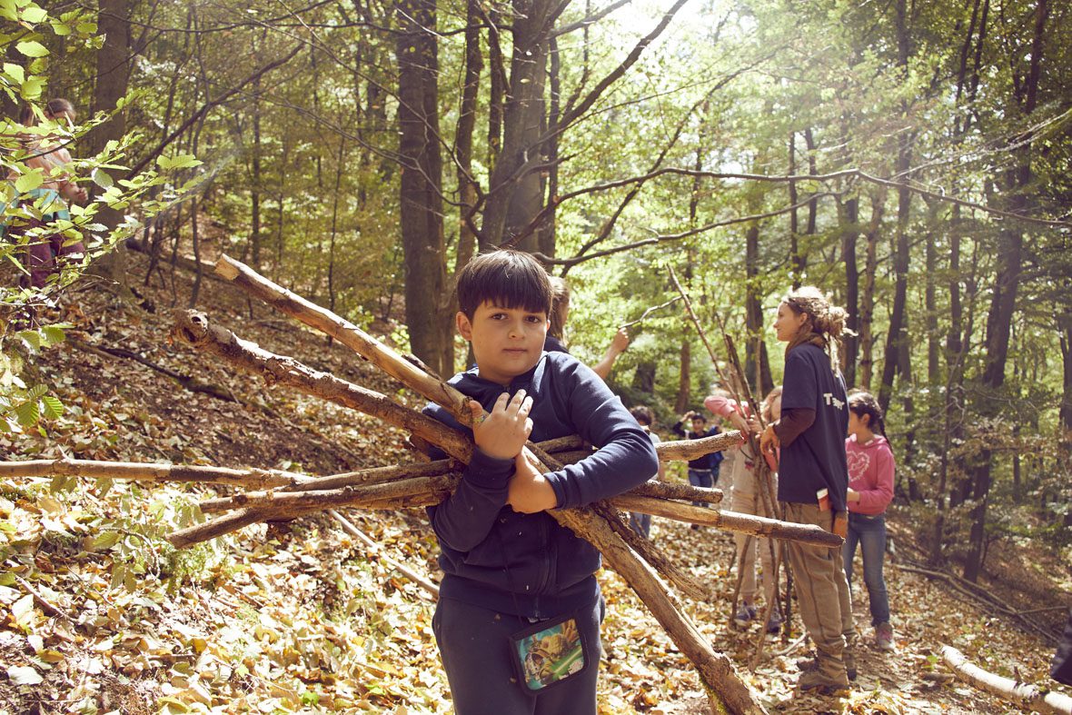 Ein Junge sammelt mehrere Stöcke im Wald und hält sie fest.