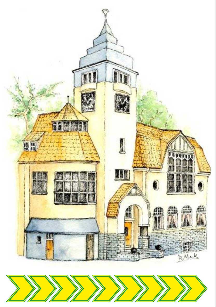 Das Rathaus im Krefelder Stadtteil Fischeln, gezeichnet von Rudolf Menk.