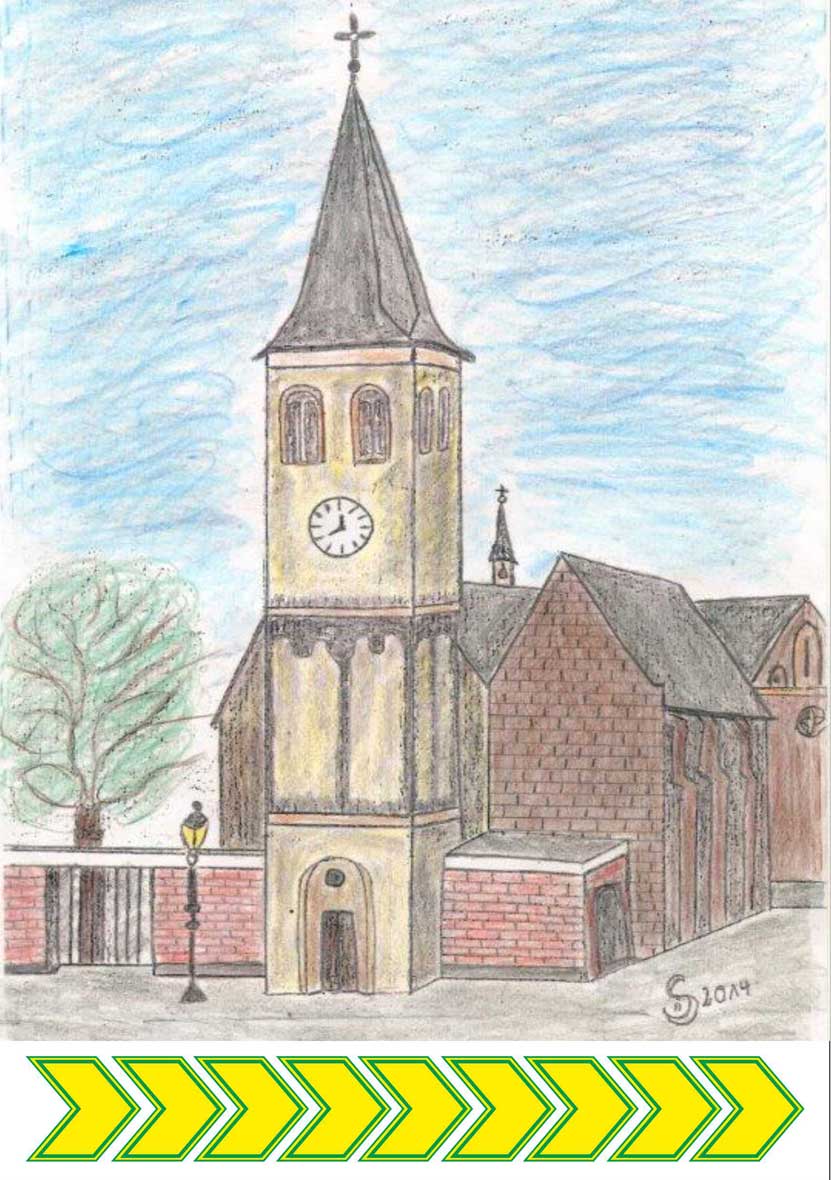 Die Clemenskirche im Krefelder Stadtteil Fischeln, gezeichnet von Sigrid Delmes.