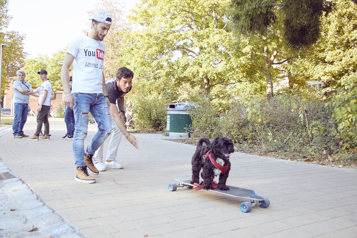 Vereinshund Happy versucht sich auf auf dem Longboard, Ahmed und Eduardo stehen hinter ihm und folgen ihm.
