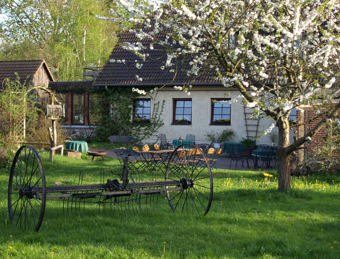 Foto: Eine Außenansicht der Beaumont Farm mit Garten, darin steht ein antikes Bauernhof-Gerät.